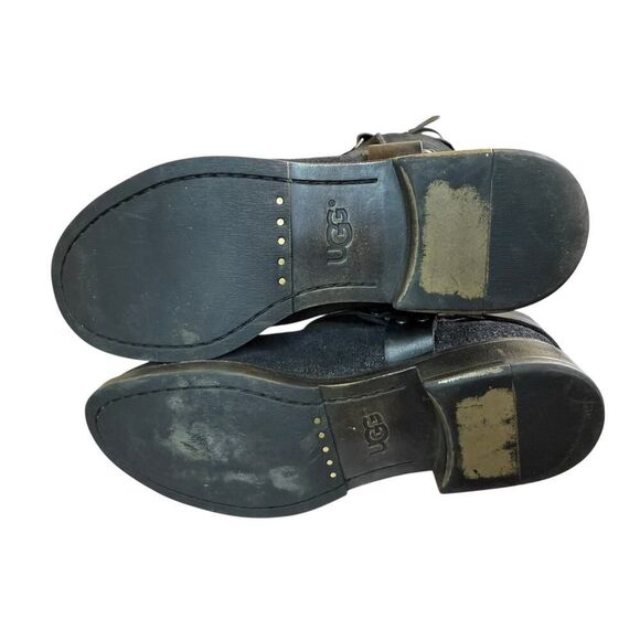 UGG Dree Black Leather Suede Harness Knee Boots Size 7 Round Toe Pull-On Moto - Picture 8 of 10